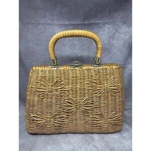 Vtg 1960s Wicker Basket Handbag Woven Rattan Bow Pattern Box Purse Flaw